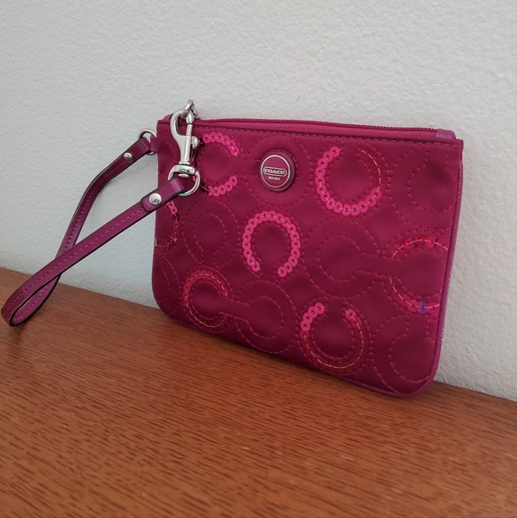 Coach Raspberry Pink Sequin Logo Satin Wristlet - Picture 8 of 9